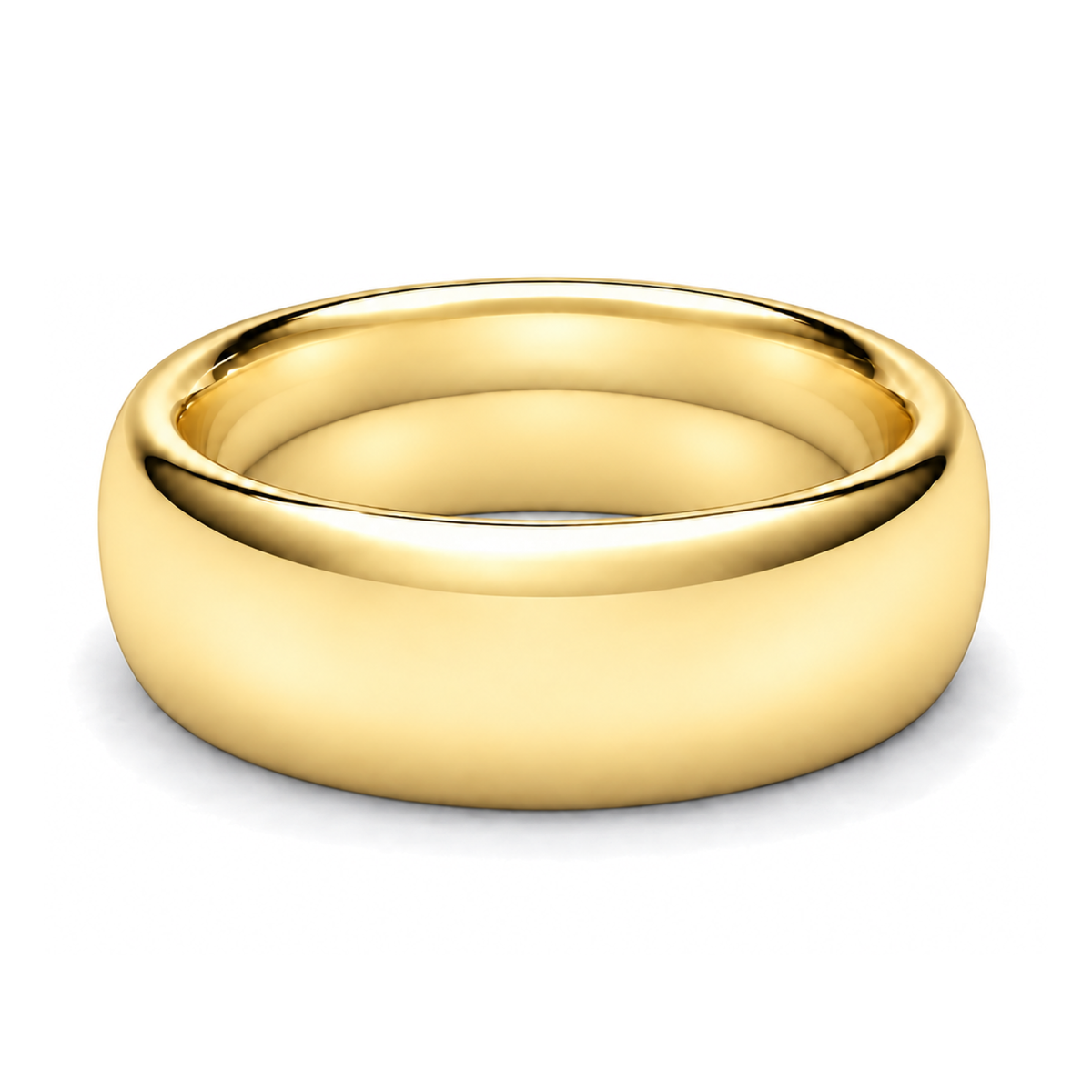 A polished wide yellow gold wedding ring, ideal wedding band.
