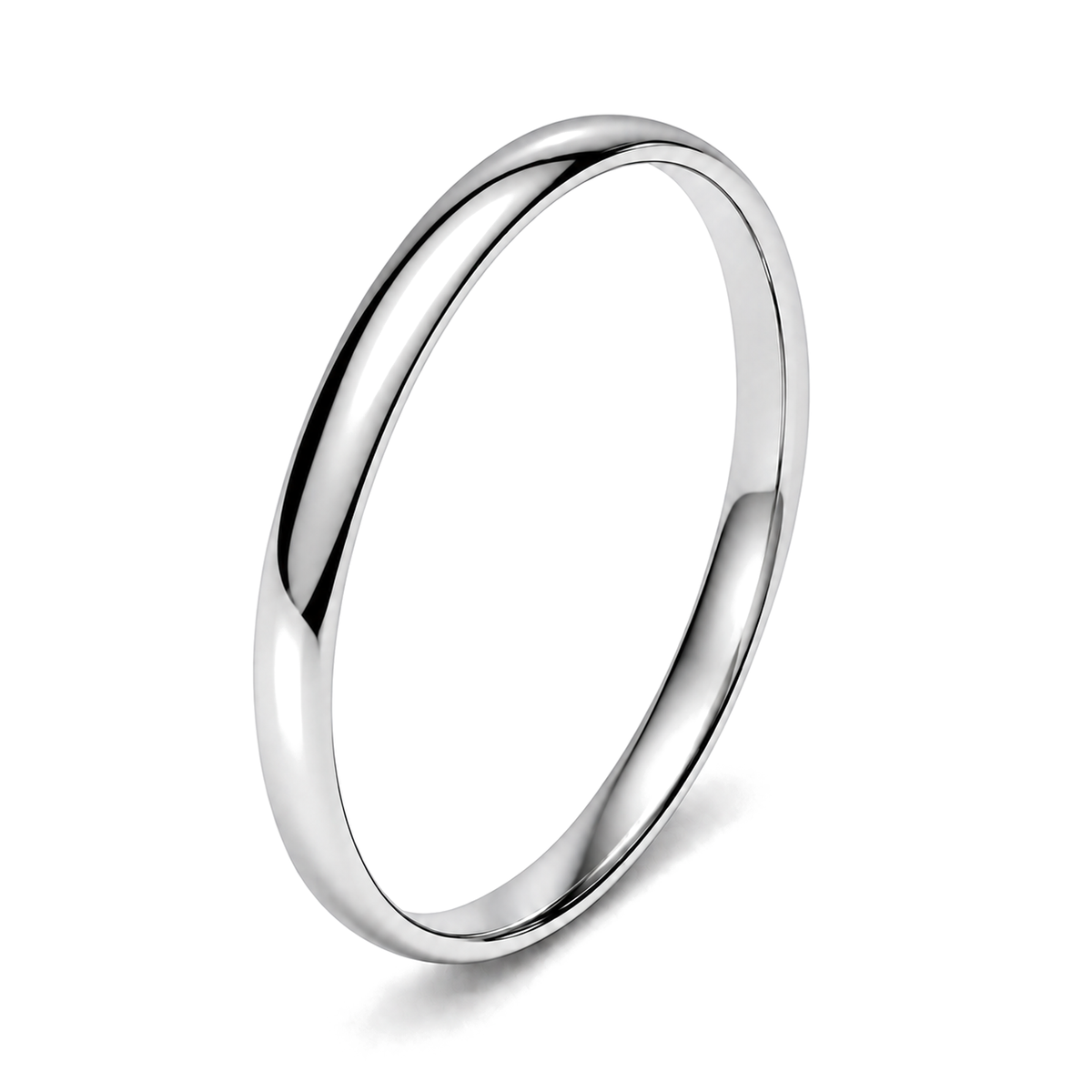 A classic platinum wedding ring shown at an angle on a clean white background with a soft shadow.