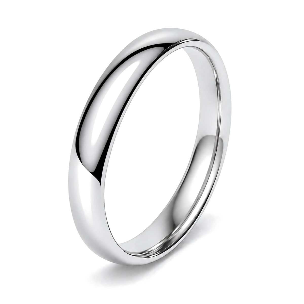 A classic polished court platinum wedding ring shown at an angle on a clean white background.