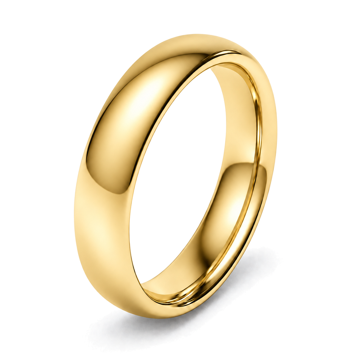 A classic yellow gold dome wedding ring with a smooth, polished finish, shown at an angle on a clean white background.