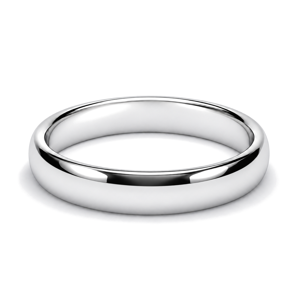 A classic platinum wedding ring, commonly used for wedding bands, shown on a clean white background with a soft shadow.
