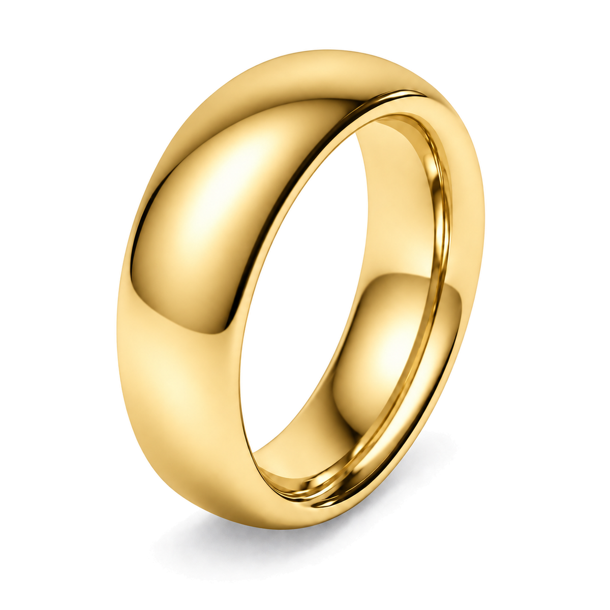 A classic yellow gold dome-shaped wedding wedding ring, shown from a three-quarters perspective on a clean white background with a soft shadow.