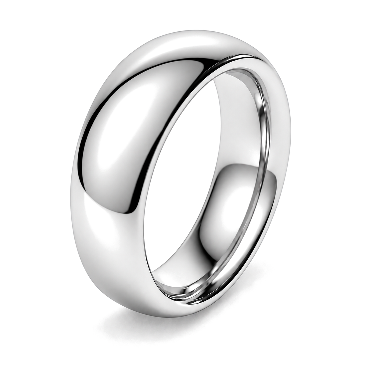 A classic court shaped platinum wedding ring. shown on a clean white background with a soft shadow underneath.