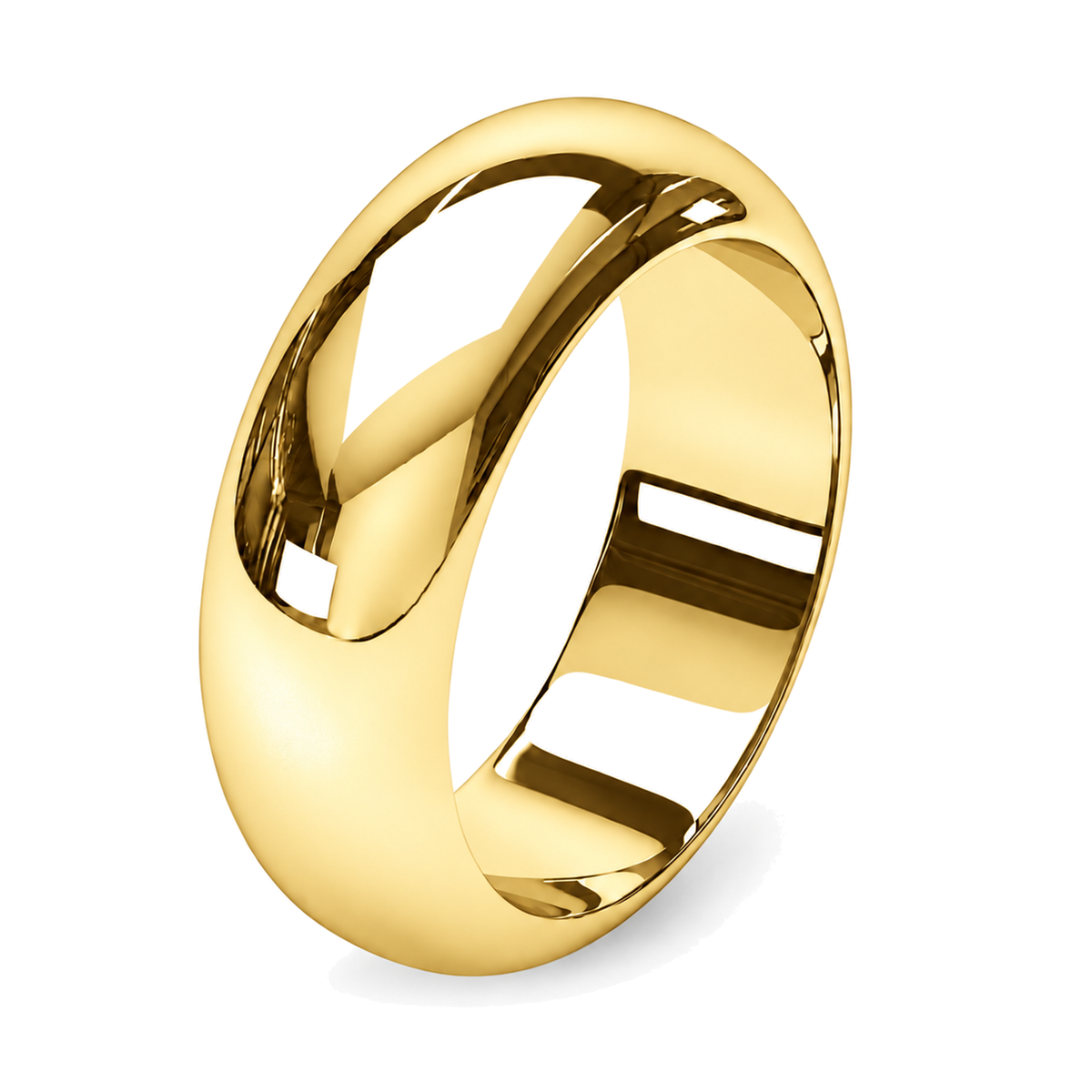 A wide 10mm yellow gold wedding ring with a polished finish.