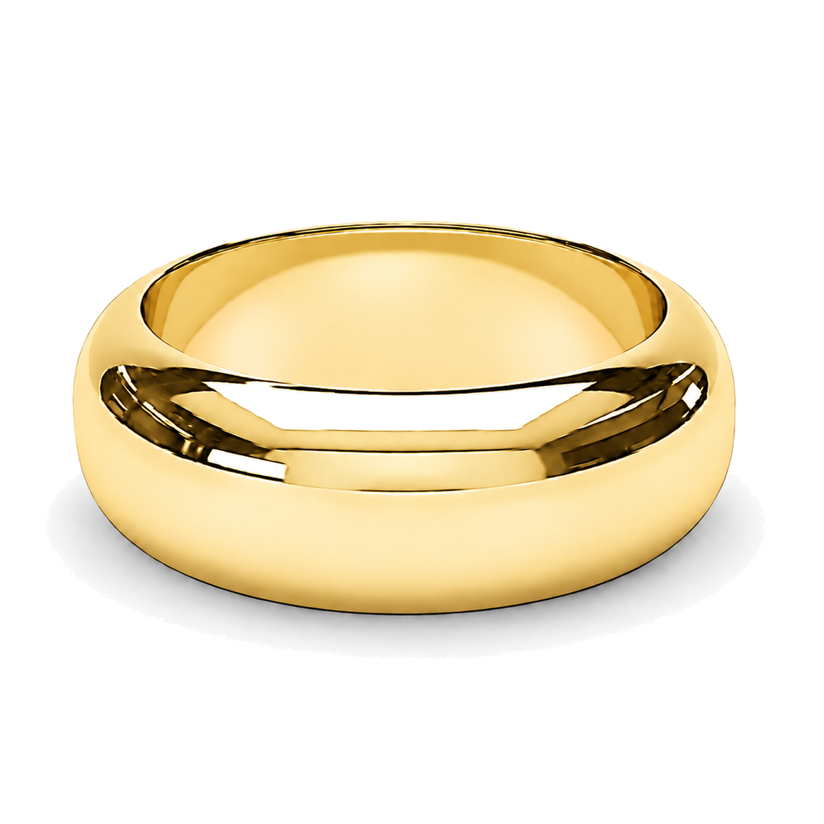 A wide 10mm yellow gold wedding ring with a polished finish.