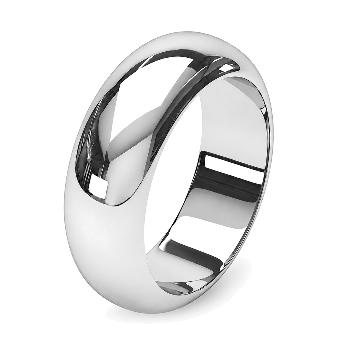 A polished wide platinum wedding ring with a smooth, curved interior channel, shown on a clean white background.