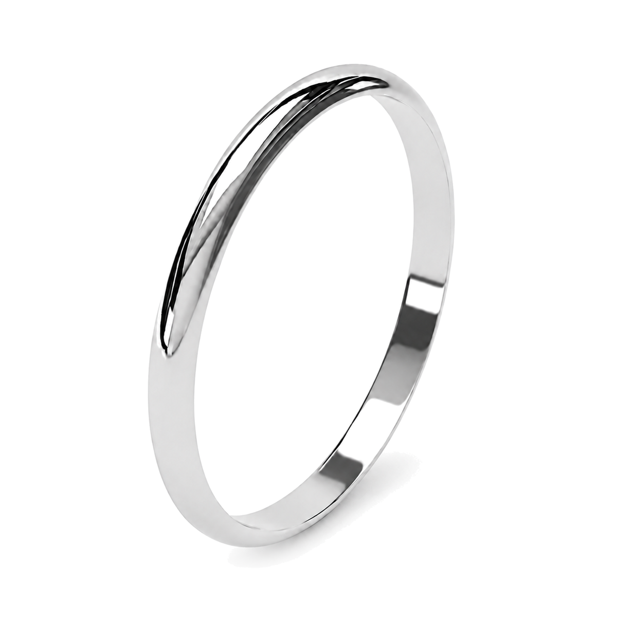 A polished narrow 2mm platinum wedding ring with a smooth, curved outer edge, shown on a clean white background.