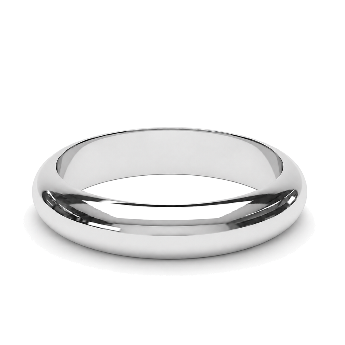A classic polished platinum wedding ring, shown from a three-quarters angle on a clean white background.