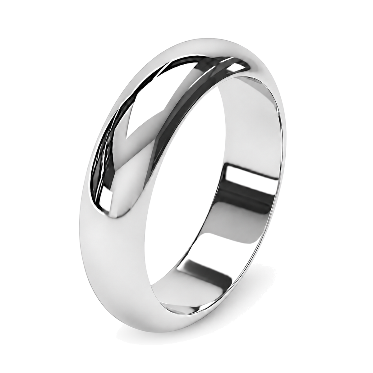 A classic platinum 5mm D-shape wedding ring with a bright polished finish.