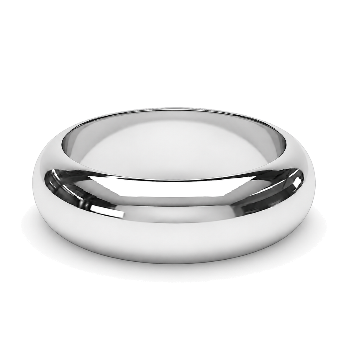 A classic polished platinum wedding ring, shown from a three-quarters perspective on a clean white background.