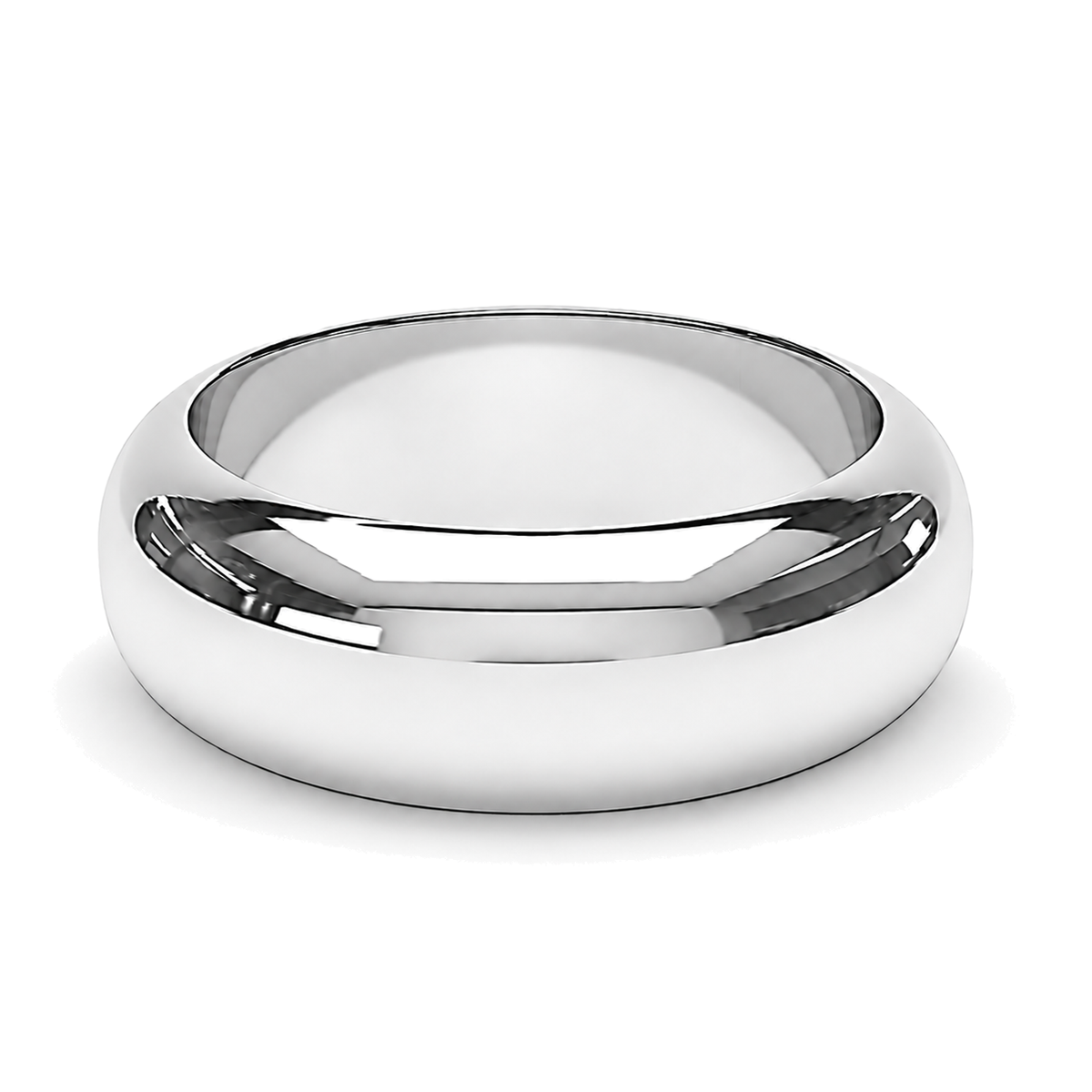 A classic polished platinum wedding ring, shown from a front-facing perspective on a clean white background.