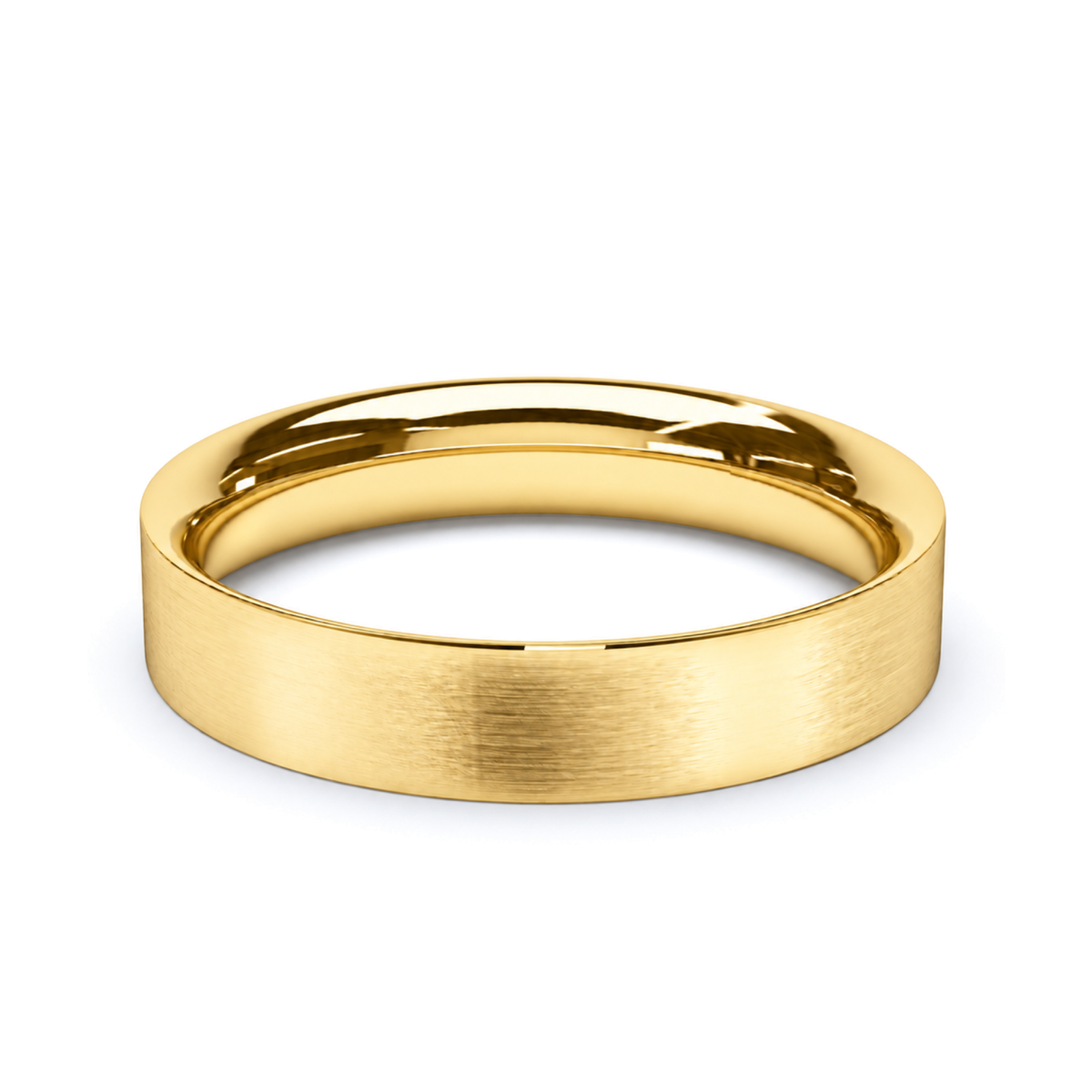 A polished yellow gold wedding ring with a brushed finish on the front and a smooth, reflective interior, shown on a clean white background.