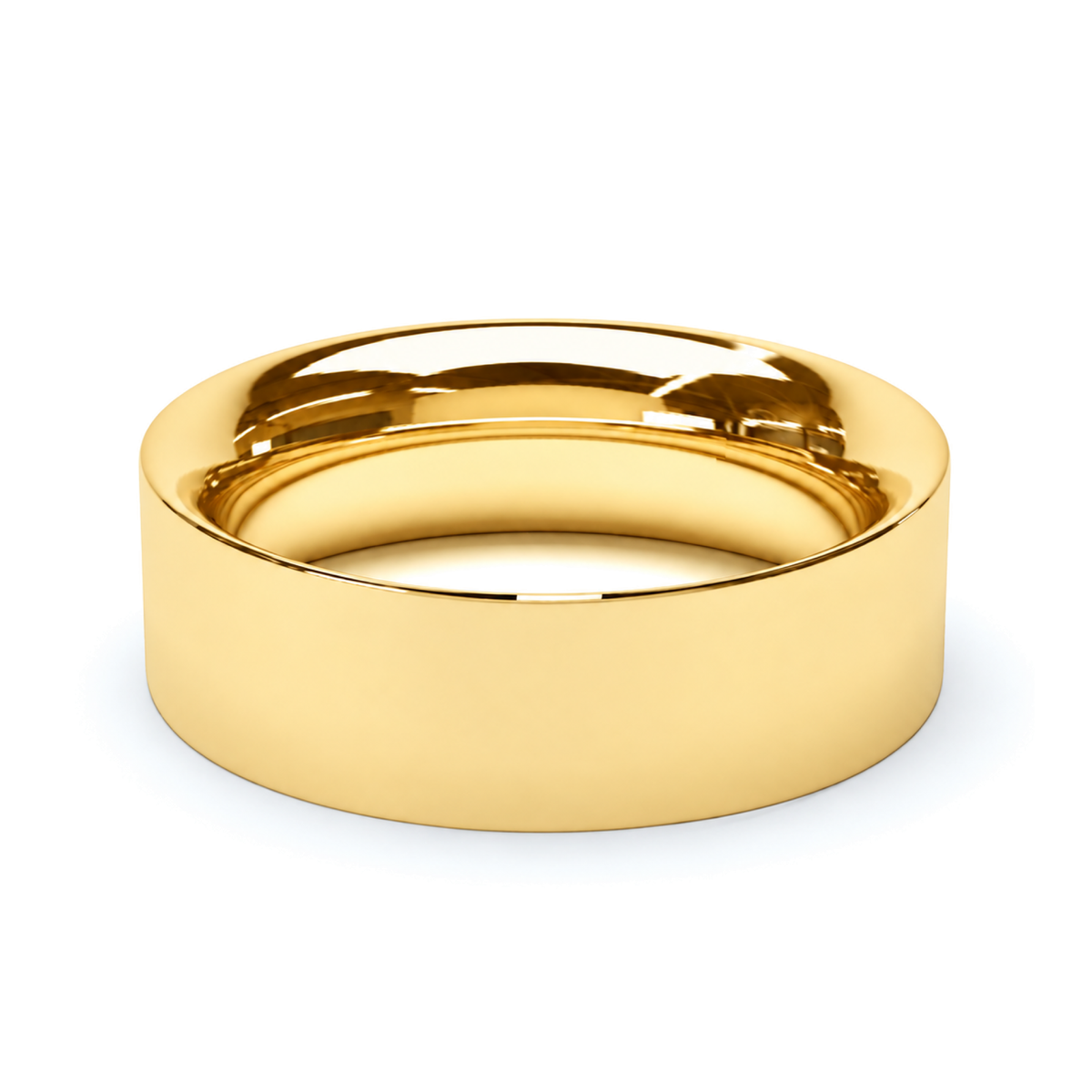 A polished yellow gold wedding ring with a smooth, rounded profile, shown on a clean white background.