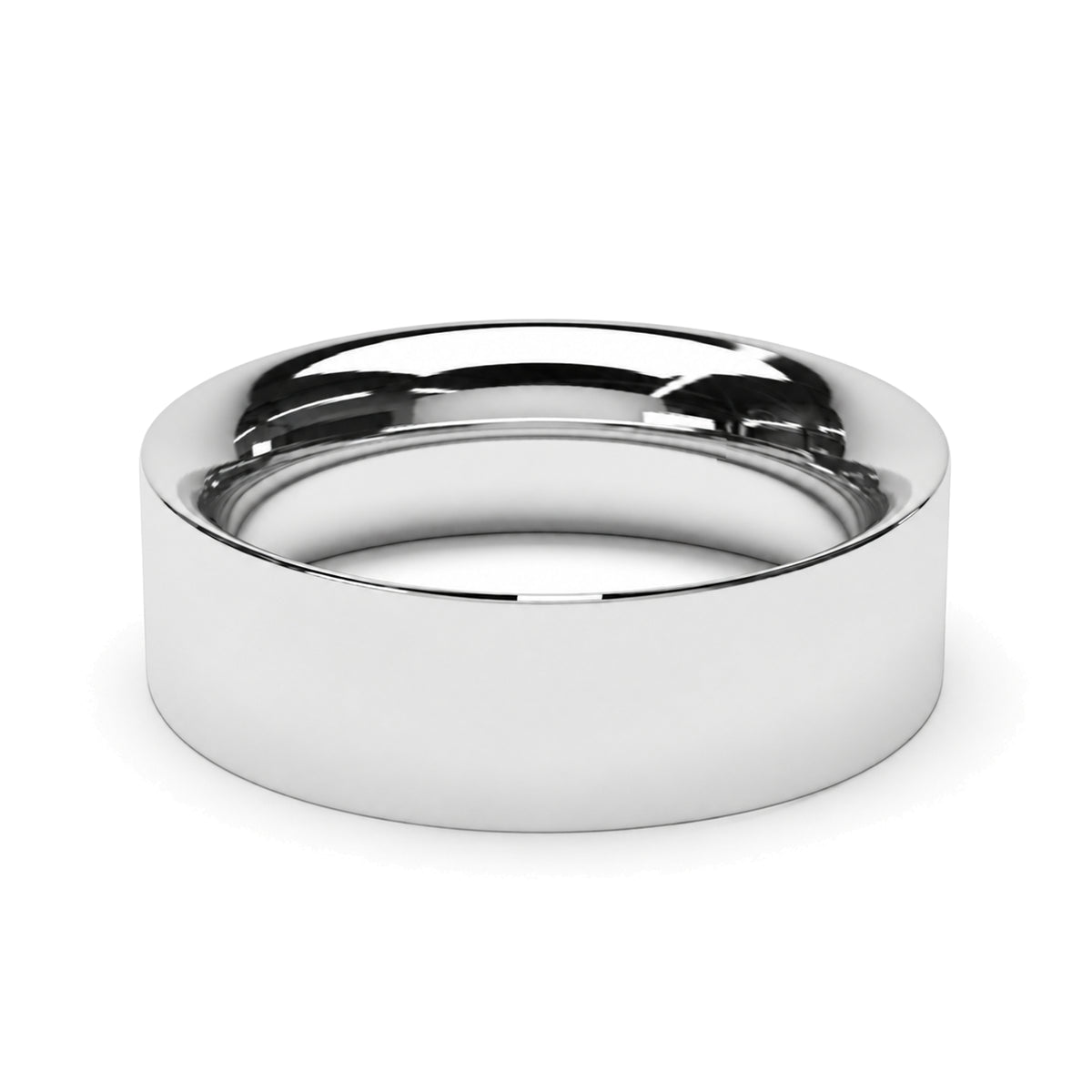 A polished platinum wedding ring, likely a wedding band, shown from a three-quarters perspective on a clean white background.