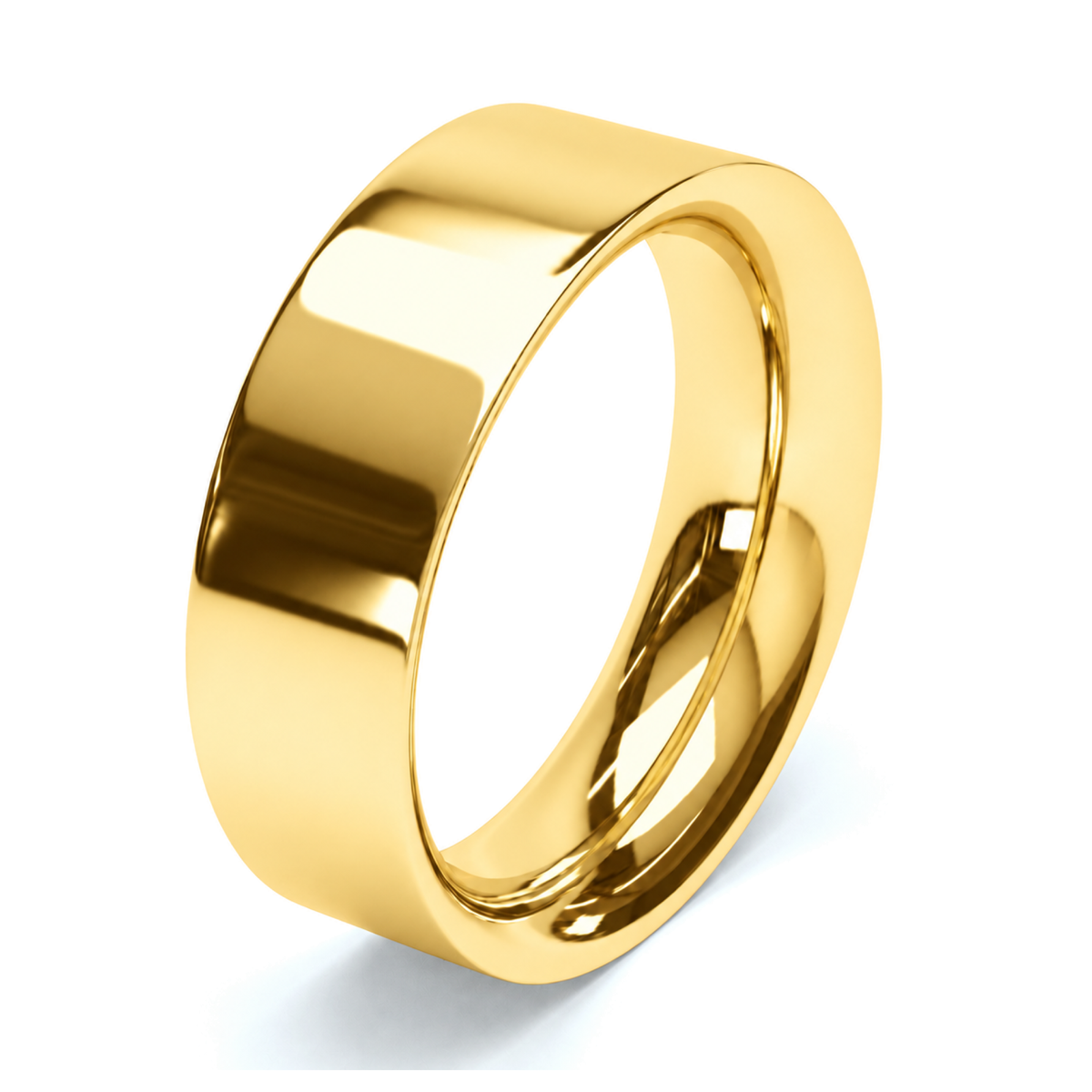 A polished yellow gold wedding ring with a smooth, rounded profile, shown on a clean white background with a soft shadow.
