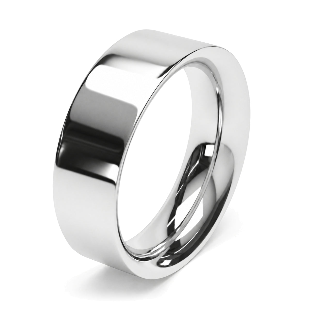 A polished 7mm wide platinum wedding ring with a bright polished finish.