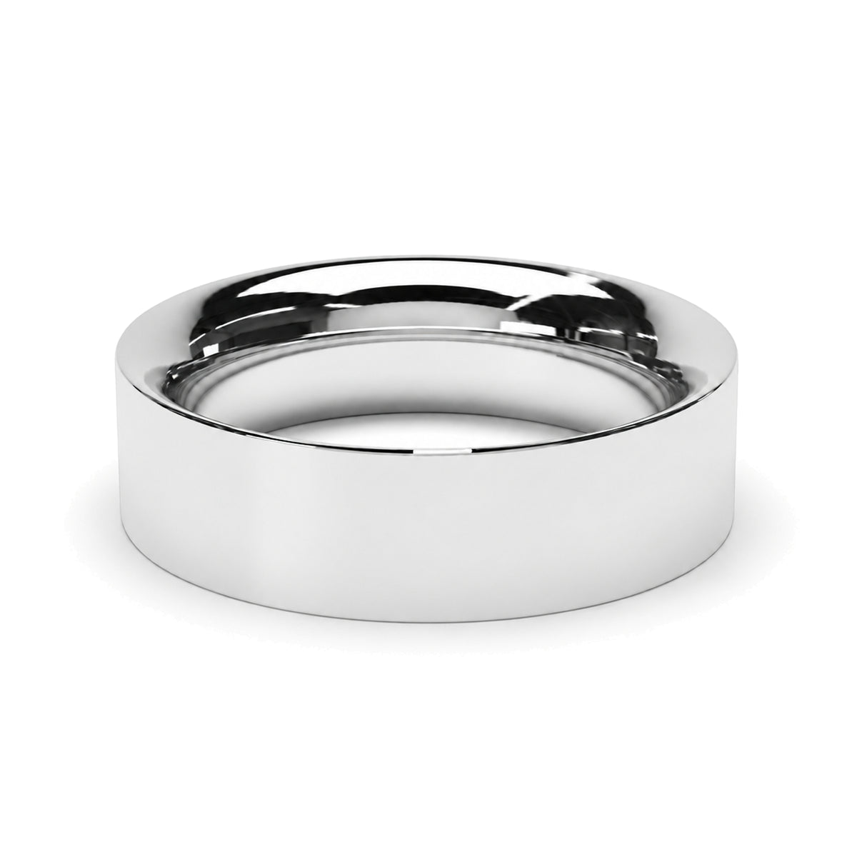 A polished wide platinum wedding ring, likely a wedding band, shown from a direct front angle on a clean white background.