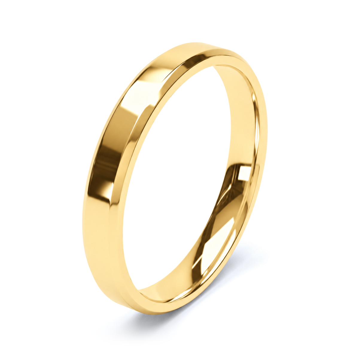 A polished yellow gold wedding ring with a smooth, slightly beveled edge, shown at an angle on a clean white background.