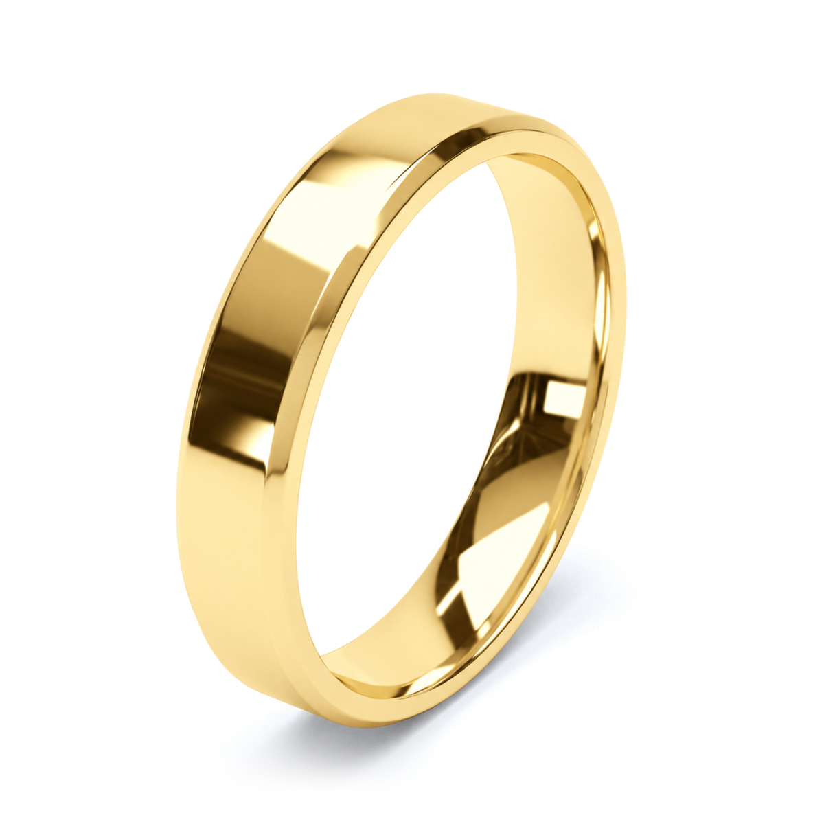 A polished yellow gold wedding ring with a smooth, slightly beveled edge, shown at an angle on a clean white background.