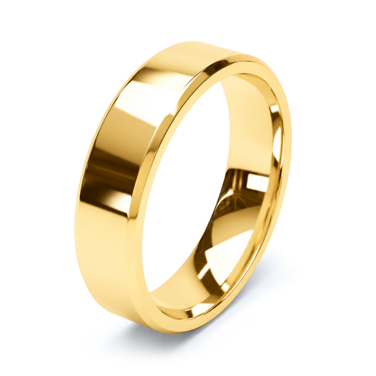 A polished yellow gold wedding ring with a smooth, slightly beveled edge, shown on a clean white background with a soft shadow.