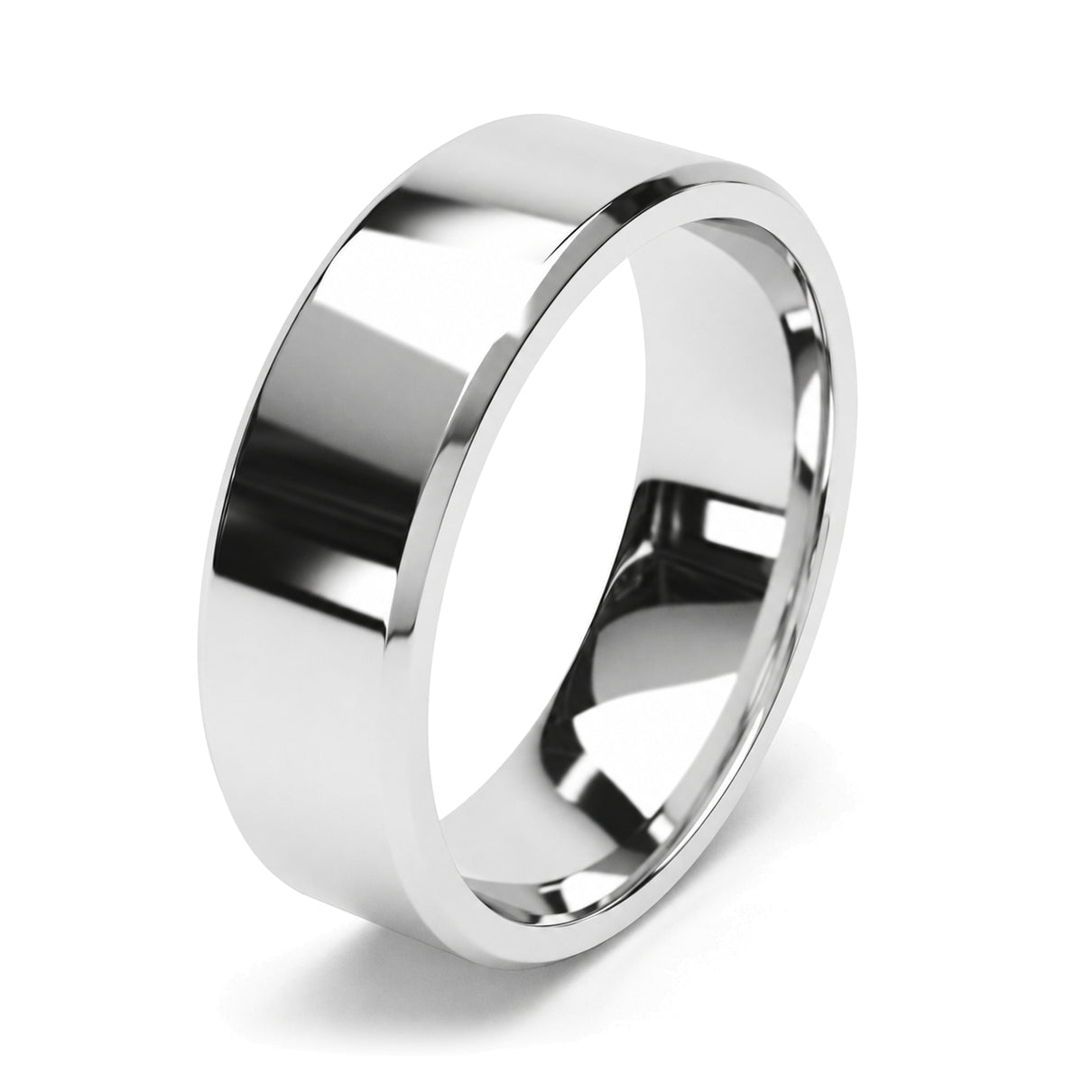 A polished platinum wedding ring with beveled cut edges, mirror polished.