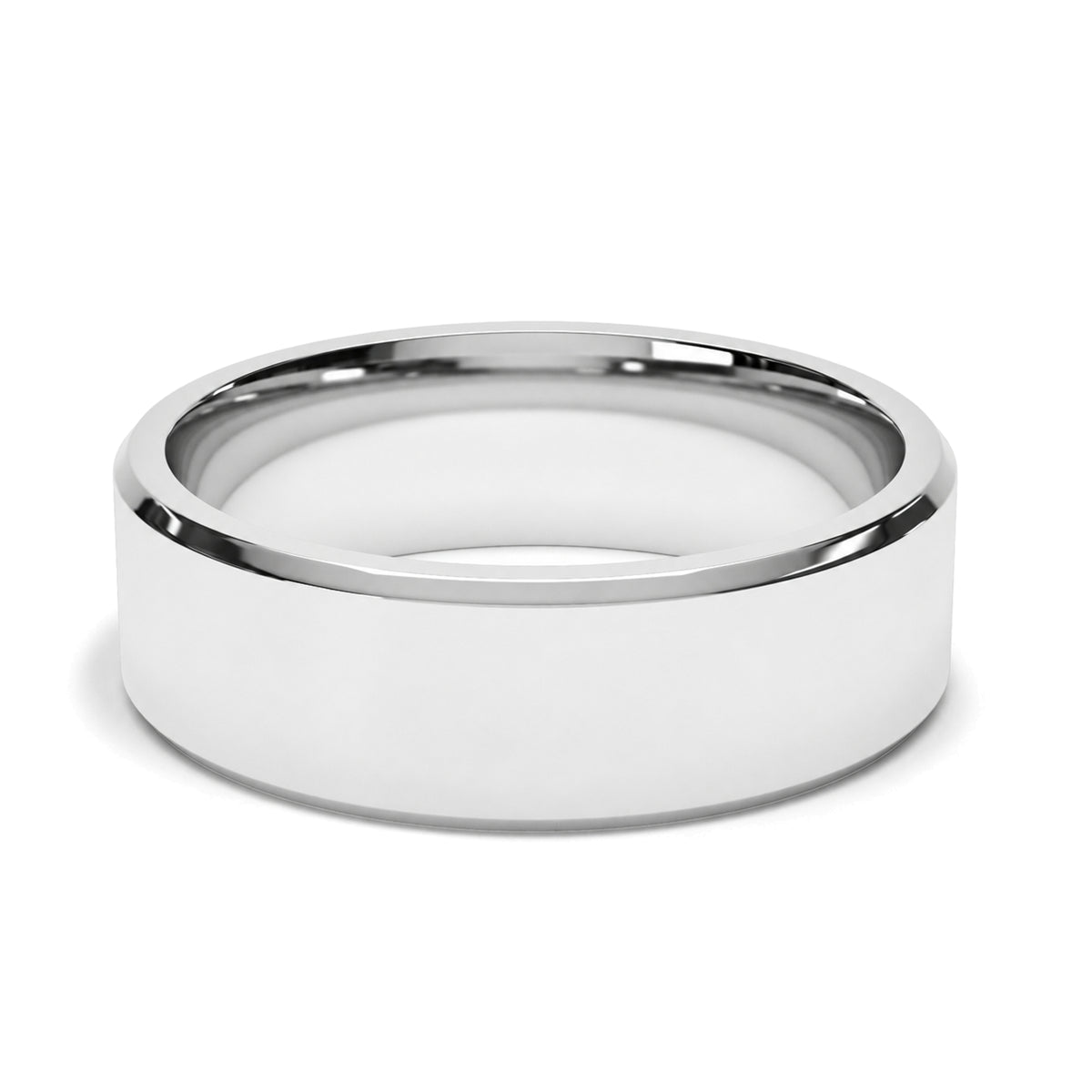 A 6mm platinum beveled edge flat court wedding ring with a mirror polish.