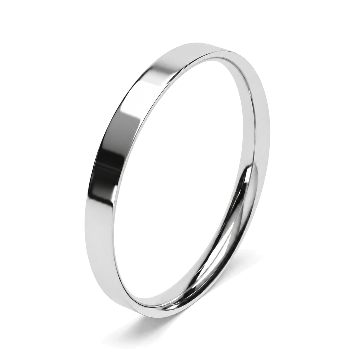 A minimalist, polished platinum wedding ring shown at an angle on a clean white background.