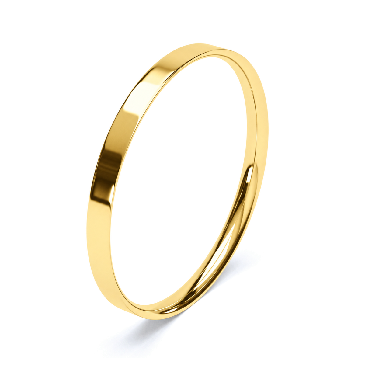 A polished yellow gold wedding ring shown at an angle on a clean white background.
