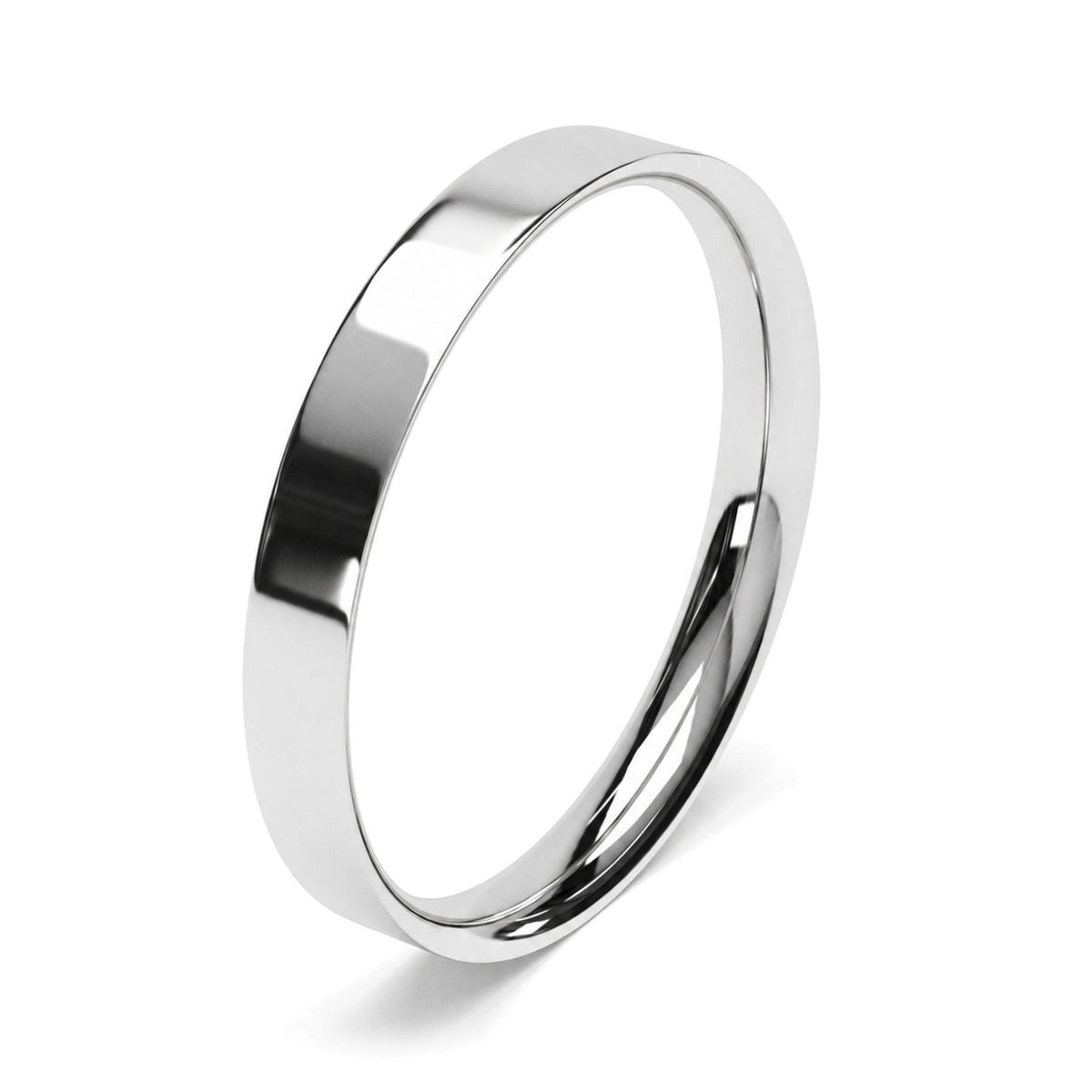 A classic polished platinum wedding ring, shown at an angle on a clean white background with a soft shadow.