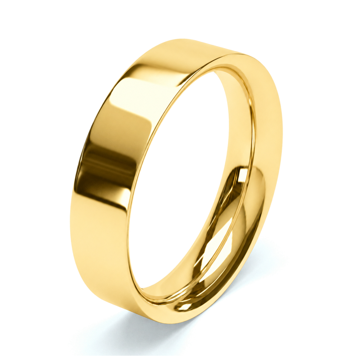 A polished yellow gold wedding ring with a smooth, rounded profile, shown at an angle on a clean white background.