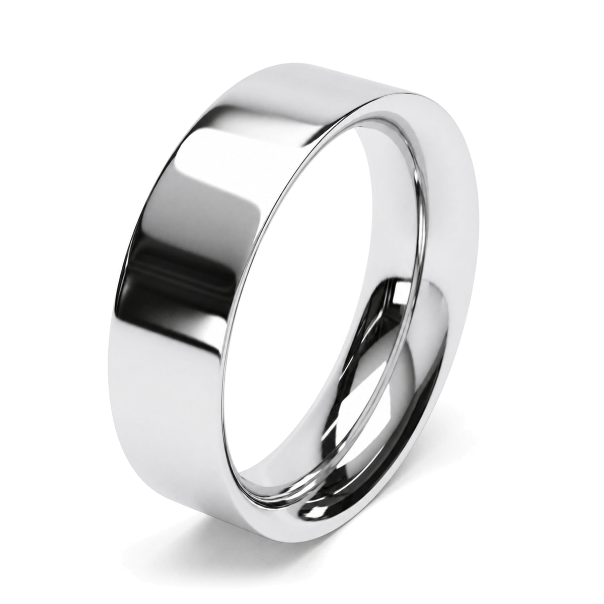 A mirror polished platinum wedding ring shown at an angle on a clean white background with a soft shadow.