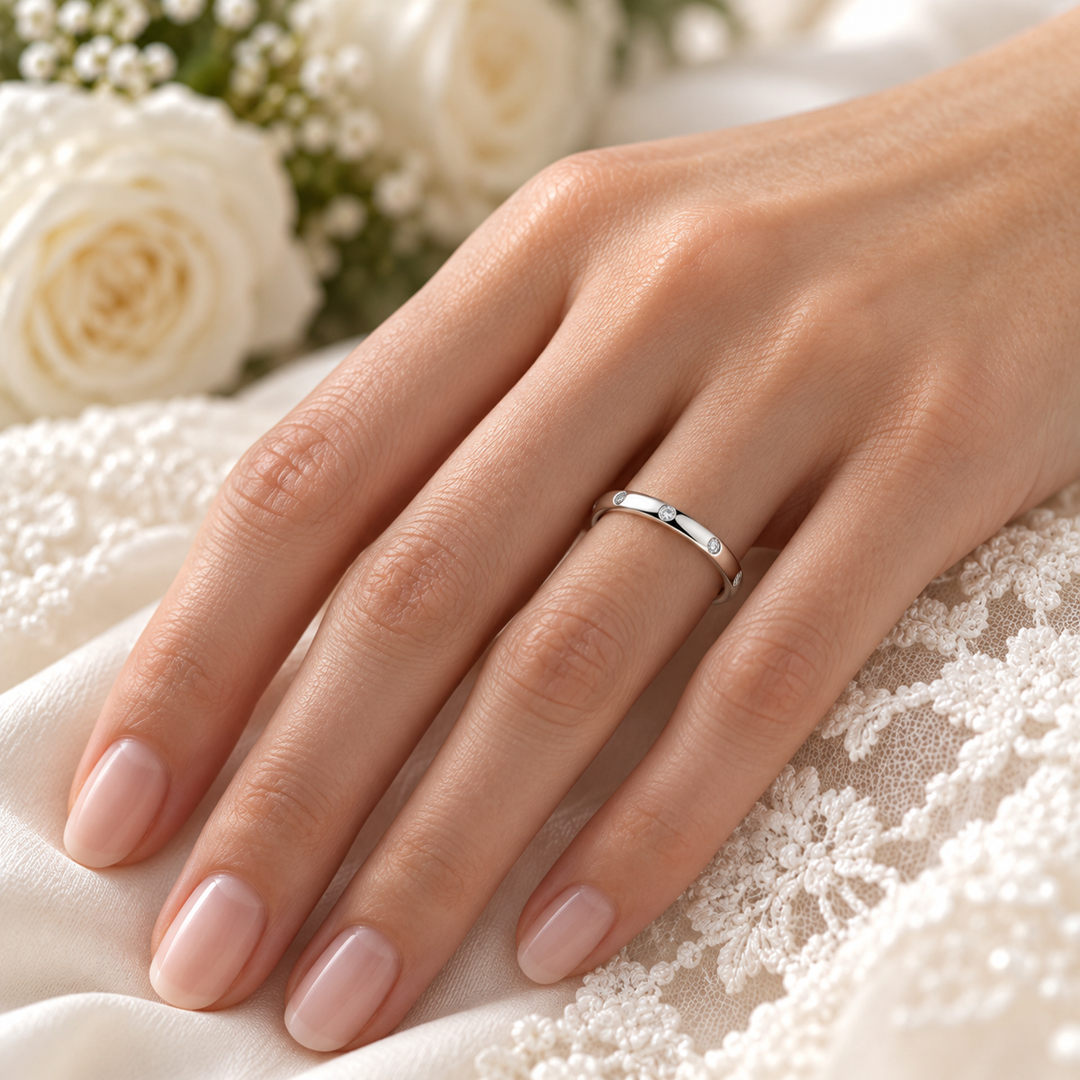 A close-up of a woman's hand wearing a platinum diamond band ring resting on white lace fabric with white roses in the background.