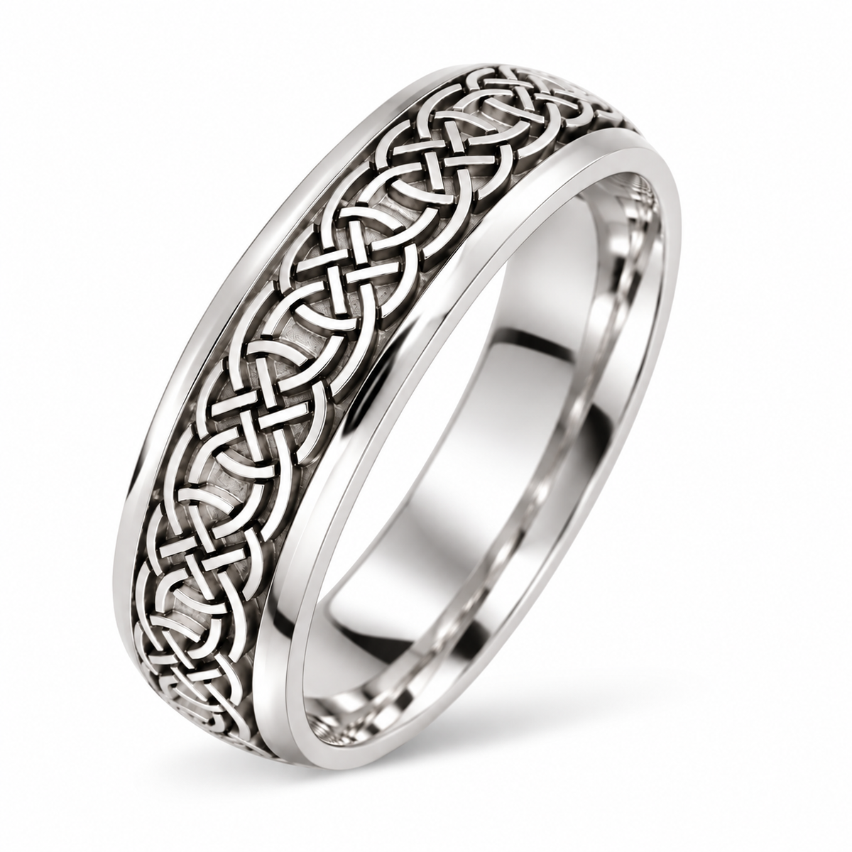 A polished platinum wedding ring featuring an intricate Celtic knot pattern along the outer band, shown on a clean white background.