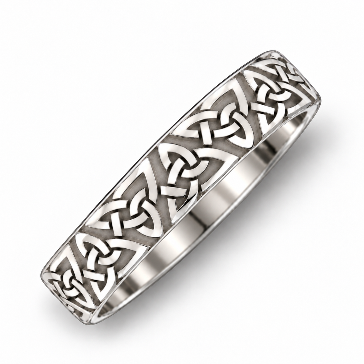 A platinum wedding ring Celtic knot ring with an intricate openwork pattern, shown on a clean white background.