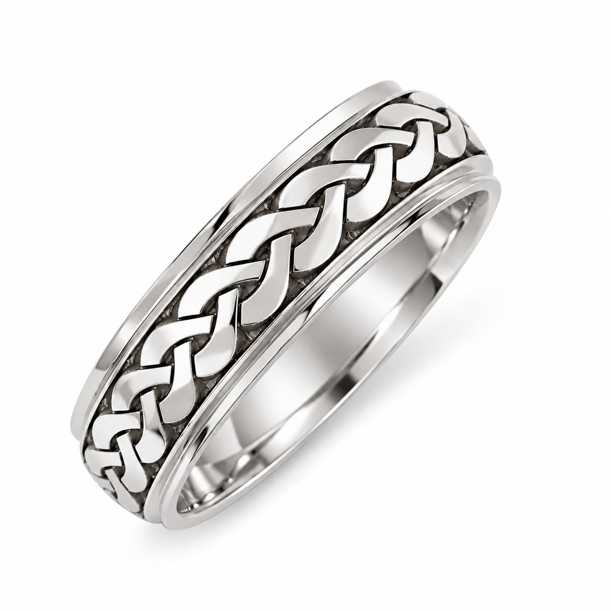 A platinum wedding ring featuring a raised braided or Celtic knot-style inlay pattern on the outer surface, shown on a clean white background.