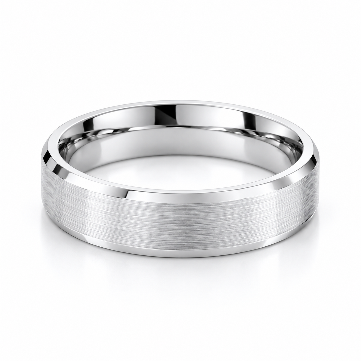 A platinum patterned wedding ring with a brushed texture on the outer surface and polished beveled edges, shown on a clean white background.