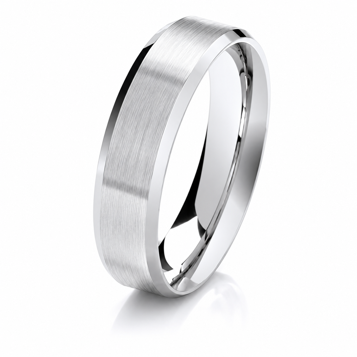 A platinum patterned wedding ring with a brushed texture on the outer surface and polished beveled edges, shown on a clean white background.