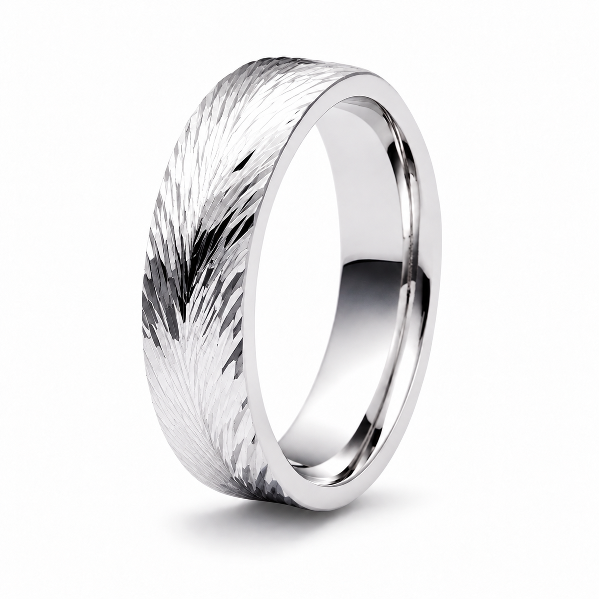 A splatinum wedding ring with a textured, feather-like pattern on the exterior and a polished, smooth interior.