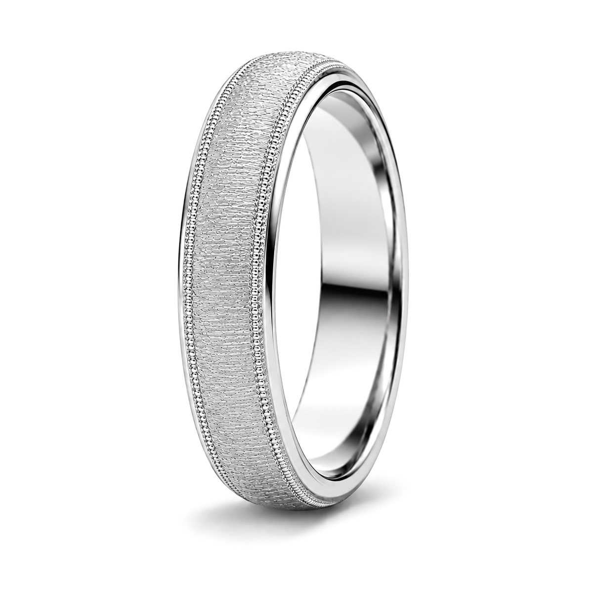 A platinum wedding ring with a textured centre and a millegrain edge.