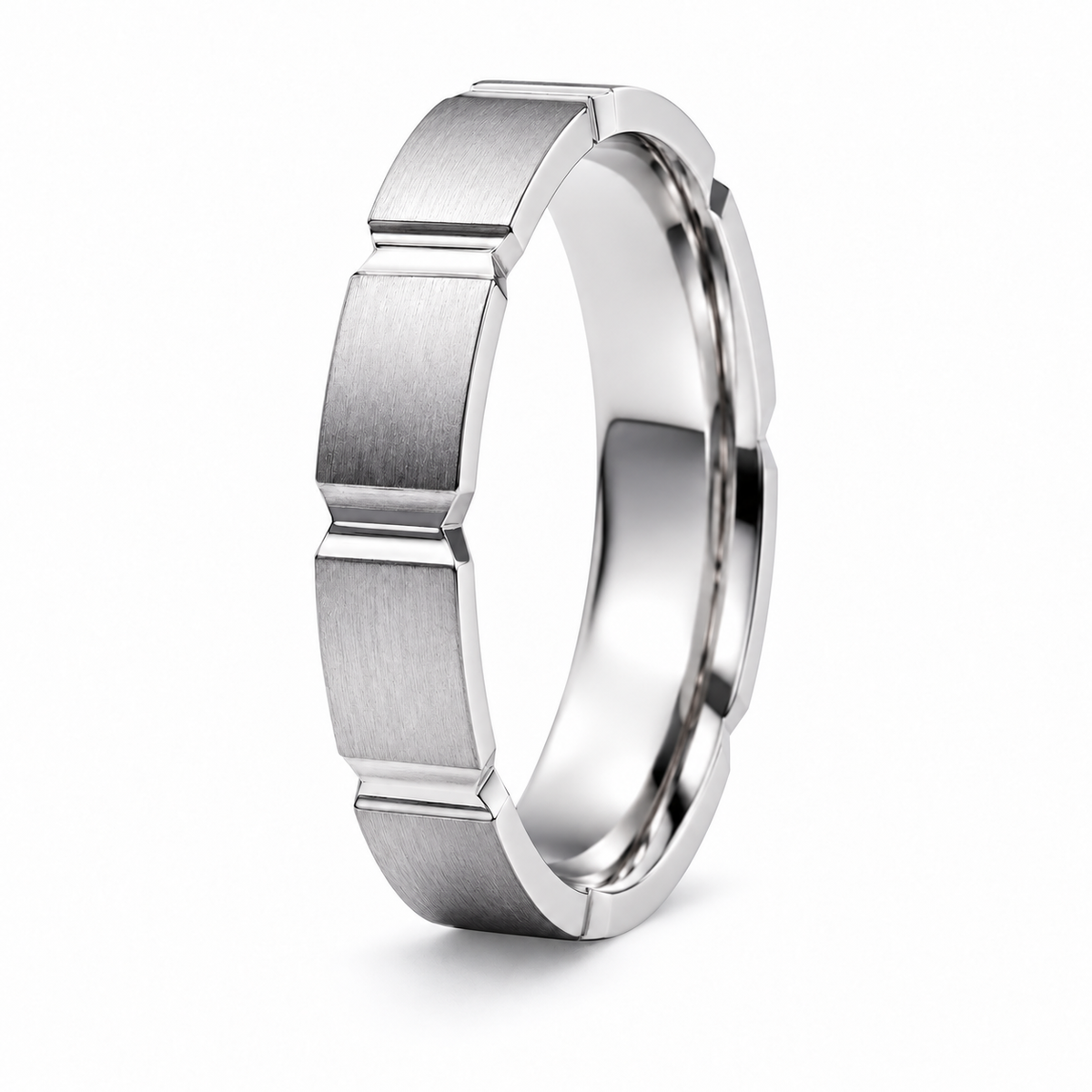 A platinum patterned wedding ring with a modern geometric segmented design, featuring a brushed finish on the front segments and a polished reflective interior, shown on a clean white background.