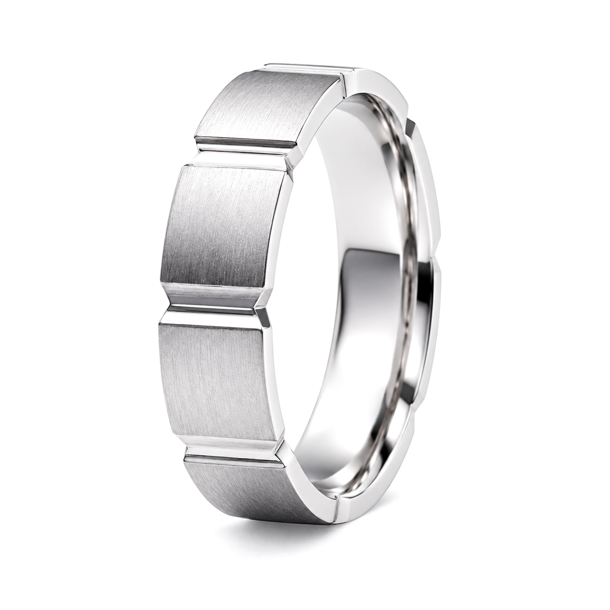 A platinum wedding ring with brushed and polished metallic surfaces.