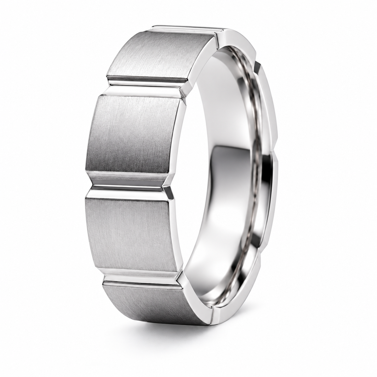 A platinum patterned wedding ring with a modern geometric design featuring brushed and polished beveled rectangular facets, shown on a clean white background.