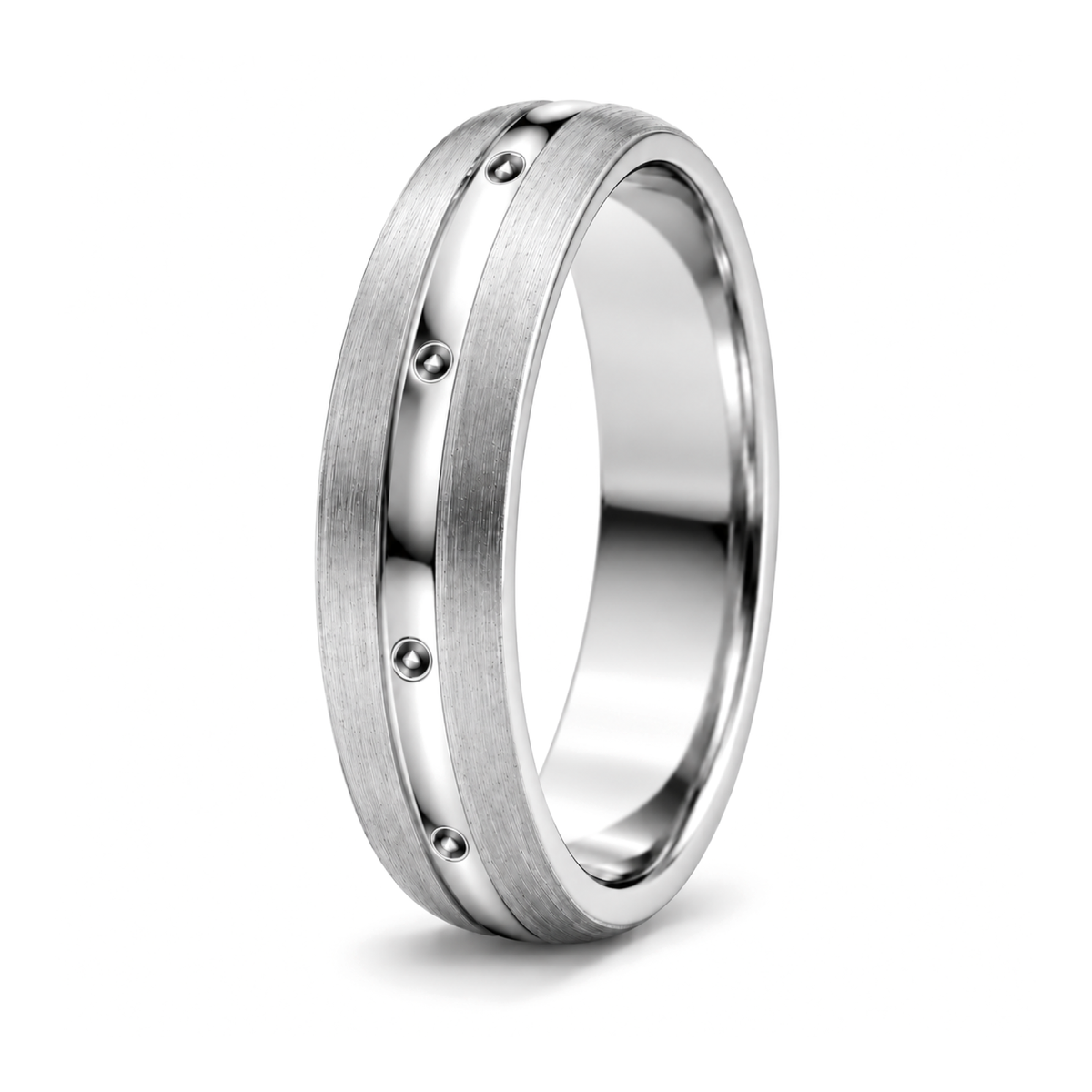 A platinum wedding band with a brushed finish and small raised circular details spaced along the center.