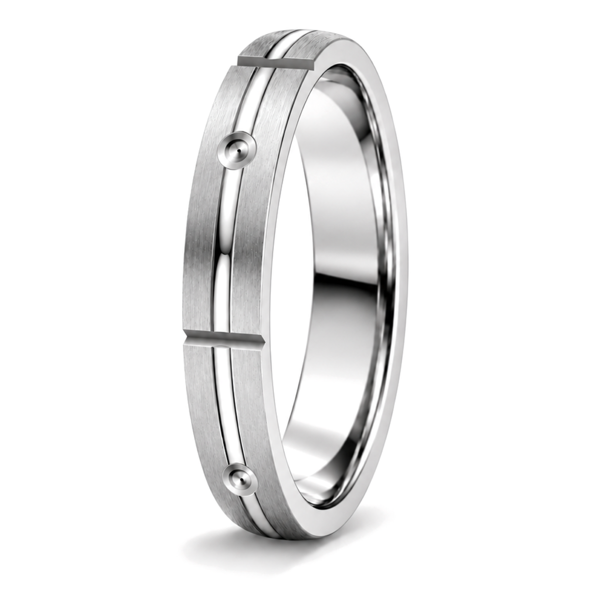 A splatinum patterned wedding ring with a brushed finish and polished beveled edges, featuring three small raised circular details spaced along the band, shown on a white background.