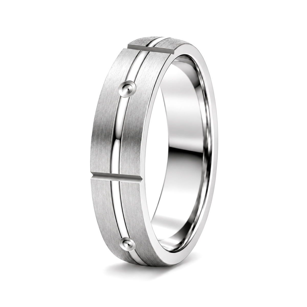 A platinum wedding band with a brushed center channel, polished beveled edges.