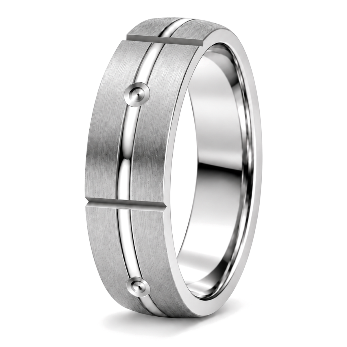 A platinum patterned wedding ring with a brushed finish, polished edges, and two small raised dome accents on the front, shown on a clean white background.