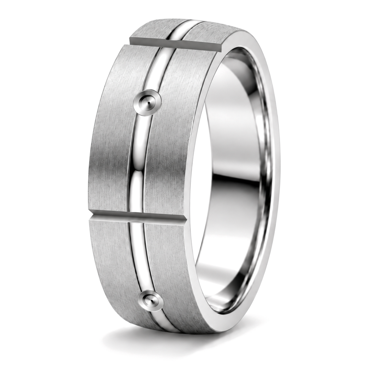 A splatinum patterned wedding ring with a brushed finish and polished beveled edges, featuring two parallel channel lines and small raised circular accents on the front, shown on a white background.