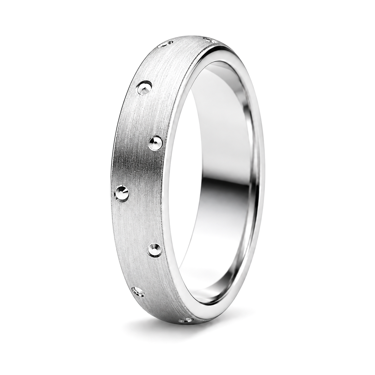 A platinum wedding band with a brushed finish and small evenly spaced raised circular details.