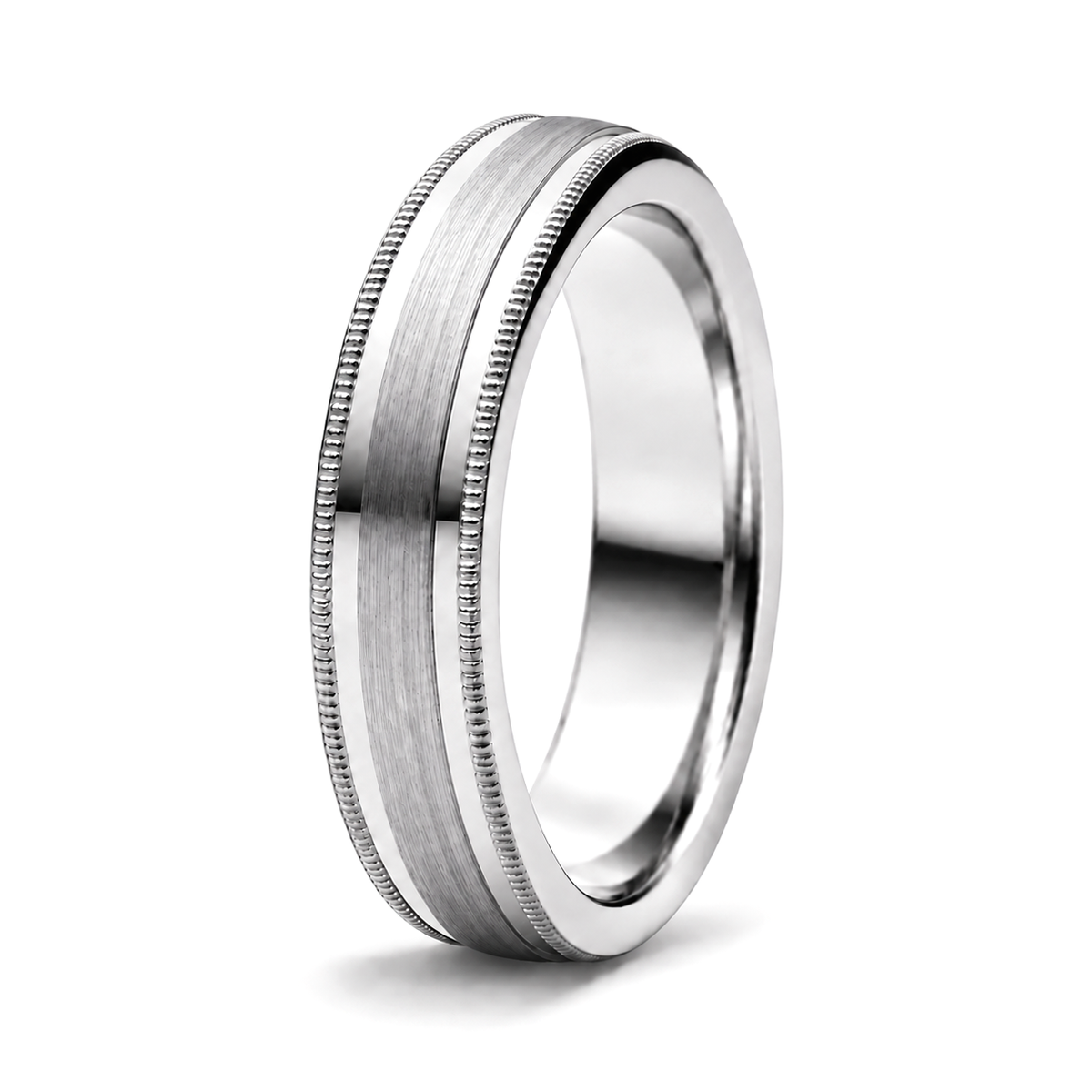 A platinum wedding band with a brushed center and beaded milgrain detailing along the edges.