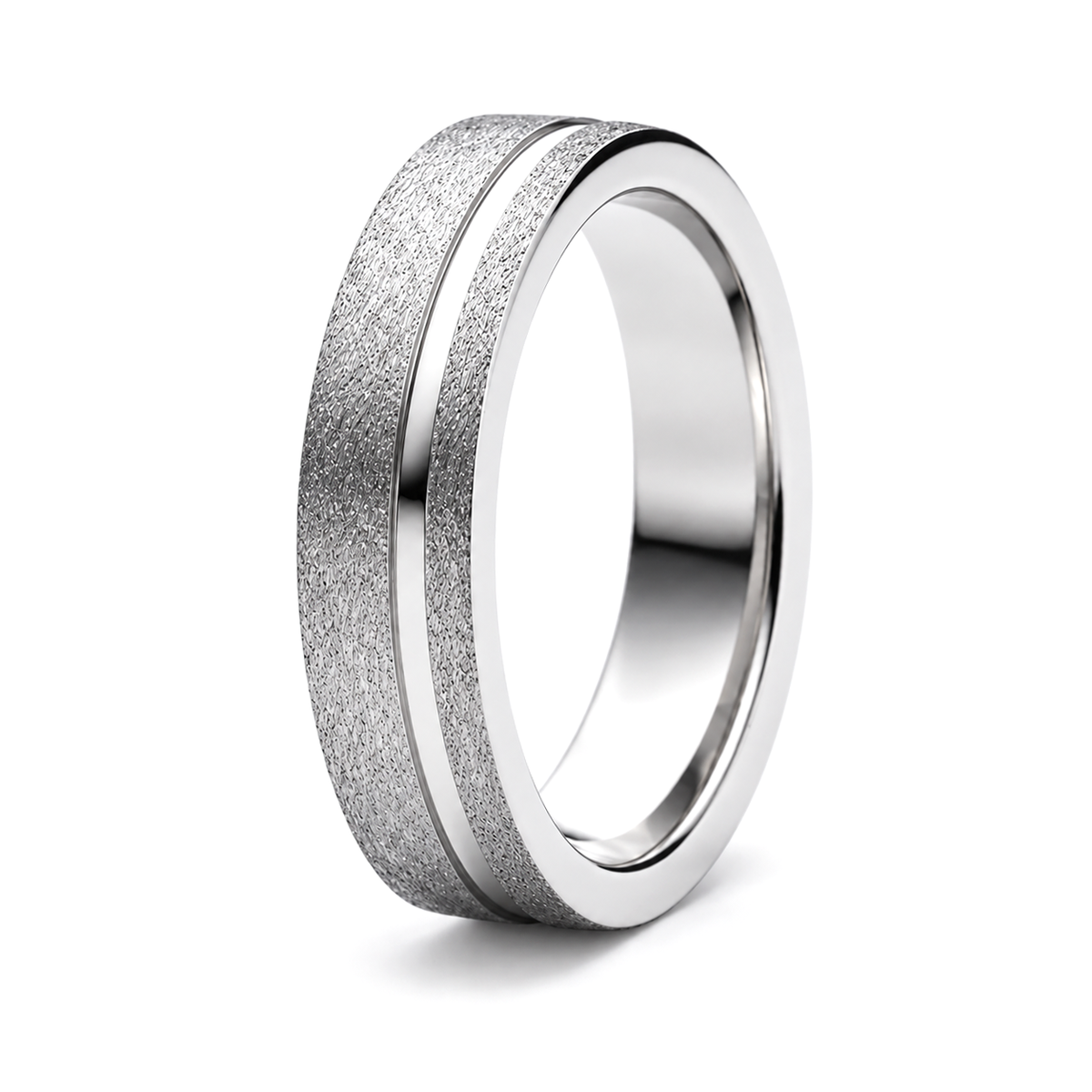 A platinum wedding band with a textured, brushed outer surface and a polished inner band.